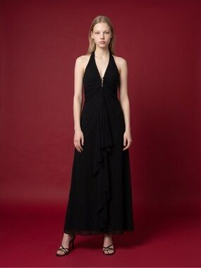 Cache Black Halter Maxi Dress with Center Ruching wedding guest sz 8